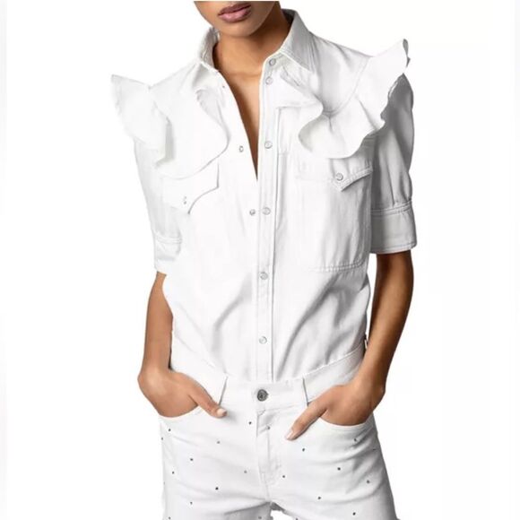 Zadig & Voltaire Toky Ruffle Denim Shirt Flawed, size XS - Picture 2 of 14